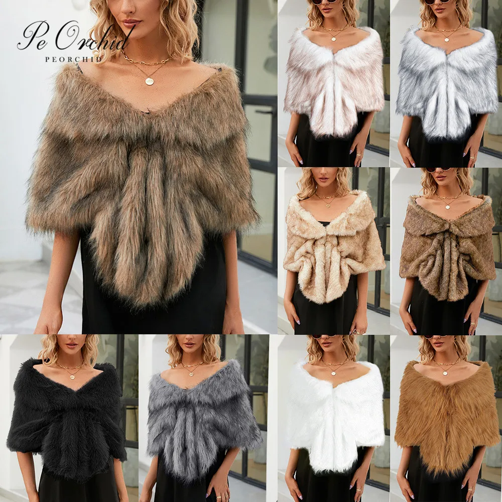 PEORCHID Chic Brown Faux Fur Bridal Wrap Winter Wedding Fur Shrug  For Brides Bridesmaids Cape Wedding Guests Bolero Jacket