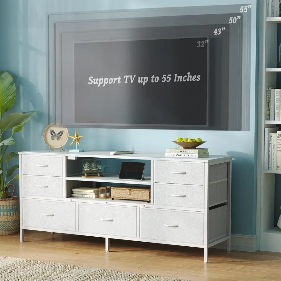 Dresser for Bedroom With Power Outlets and LED Lights, 7 Drawers TV Stand for 55 Inch TV, 47 Inches TV Console With Open Shelf,
