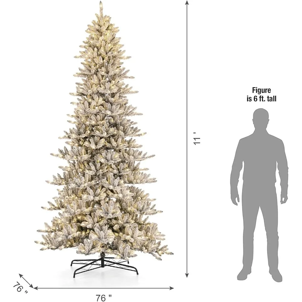 11ft Pre-lit Snow Flocked Fir Artificial Christmas Tree w/Easy Assembly Metal Stand Artificial Slim Fir Warm White Lights.