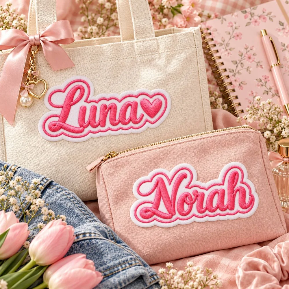 1PC Custom Embroidered Name Patch Personalized Heart Text Iron On Sew On Badge Backpack Jacket Bag Luggage Clothing Pouch Decor