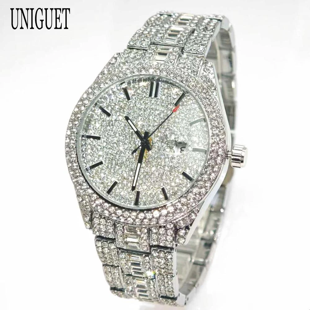 

Top Fashion Brand UNIGUET Mens Quartz Watch With Calendar Waterproof Wristwatches Luxury Design Hip Hop Diamond Watches Man Gift