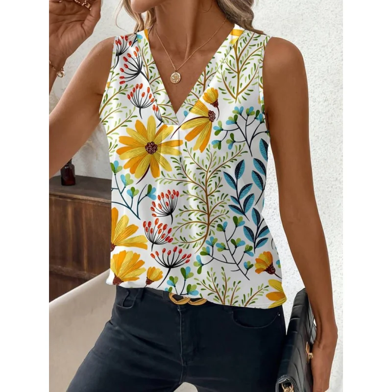 

European and American Summer New Fashion Simple Printed High-Quality Breathable Notched SleevelessVCollarTShirt