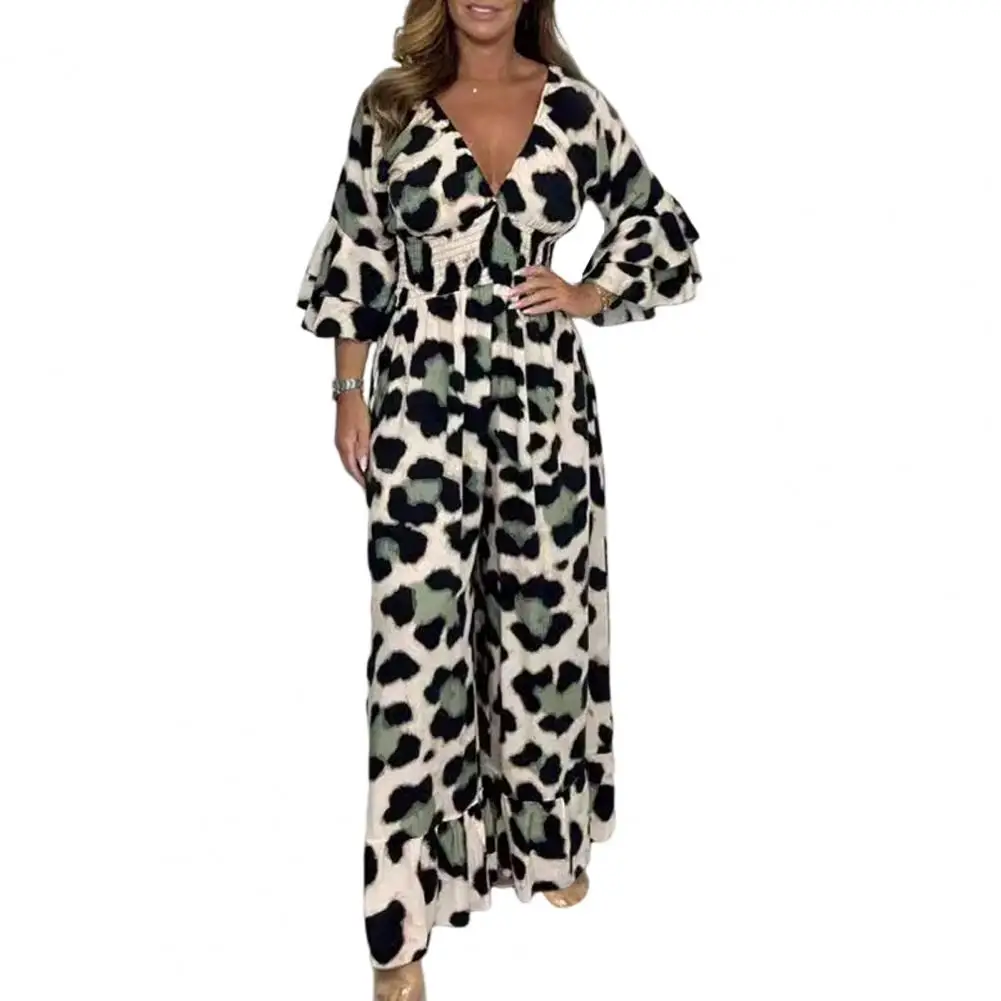 

Women Wide-leg Jumpsuit Women Beach Jumpsuit Leopard Print Wide Leg Jumpsuit for Women with V Neck Ruffle Patchwork for Commute