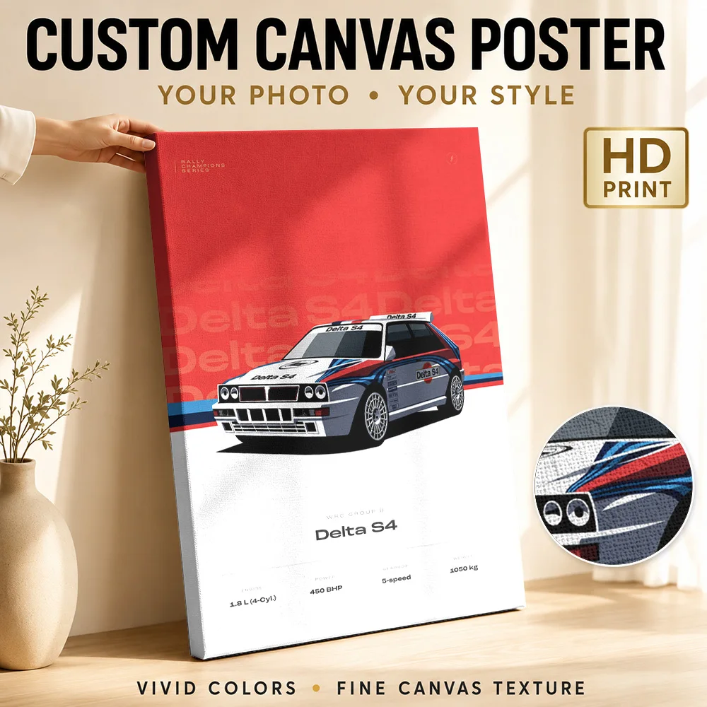 Italian Delta S4 White Rally Car Canvas Print Posters Retro Style Wall Art With Personalized Photo For Office Ideal Driver Gift