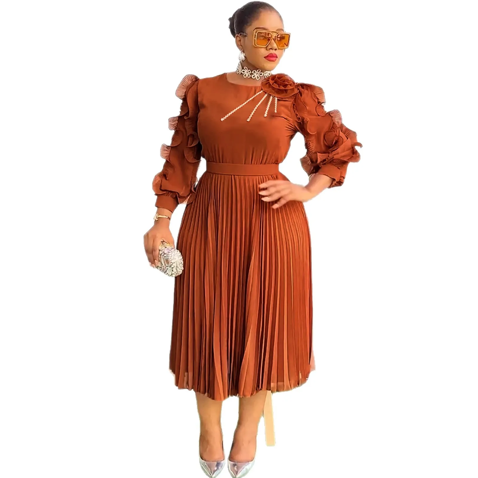 

M-4XL Plus Size African Dresses for Women Elegant Spring Summer African Long Sleeve O-neck Party Evening Pleated Midi Dresses