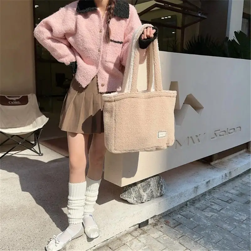 

340D Shoulder Bag Plush Bag Versatile Shopping Bag Large Capacity School Book Bag Handbag for Girl Women Reversible Bag