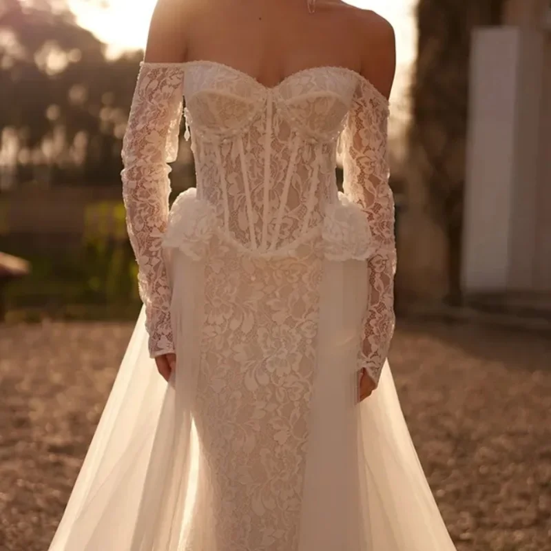 

Свадебные платья «рыбий хвост» цвета слоновой кости, корсет, блестящая кружевная наклейка, съемные свадебные платья с открытыми плечами, многослойное