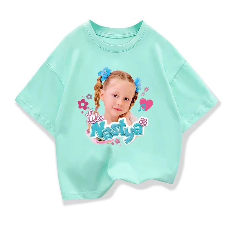 

2025 Nasjia Cat Guitar Printed Children's Tshirt Round Neck Pure Cotton Short Sleeve Fashion Casual Personalized Candy Color Top