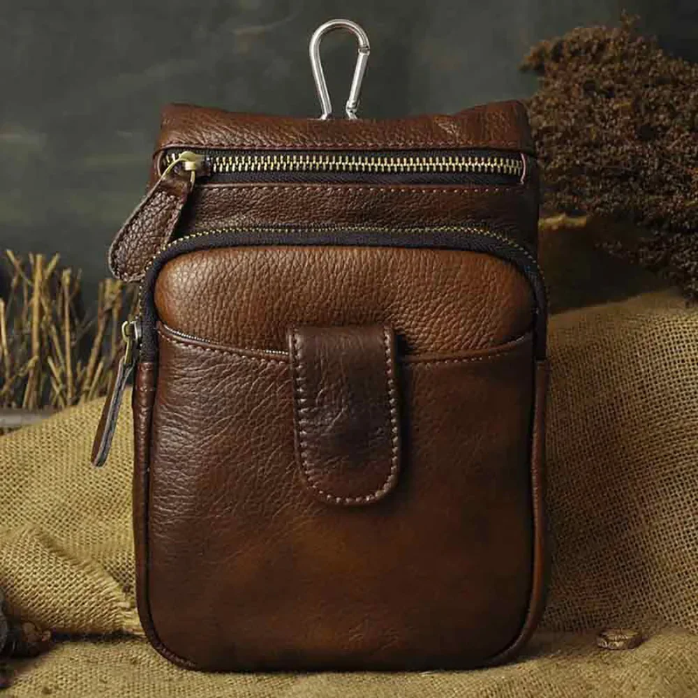 Men Oil Wax Cowhide Shoulder Messenger Bag Vintage Casual Genuine Crossbody Fanny Bags Male Hip Bum Hook Waist Belt Purse Pouch