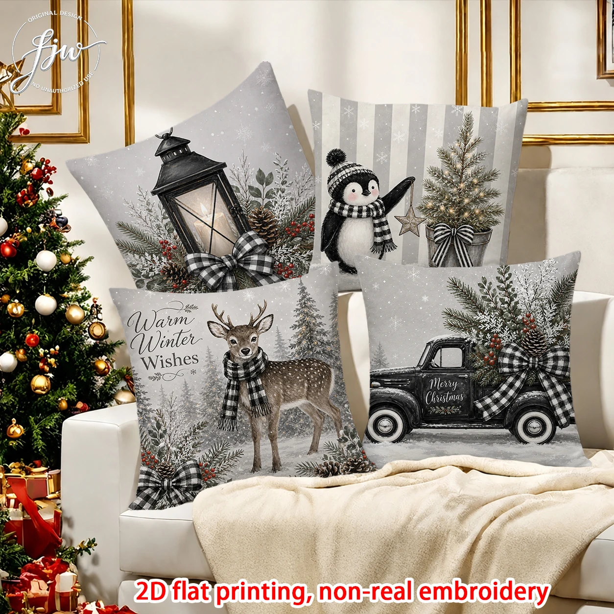 4pcs Christmas Pillow Covers 18x18 Vintage Winter Farmhouse Holiday Decor Throw Pillow Cases for Sofa Couch Bed