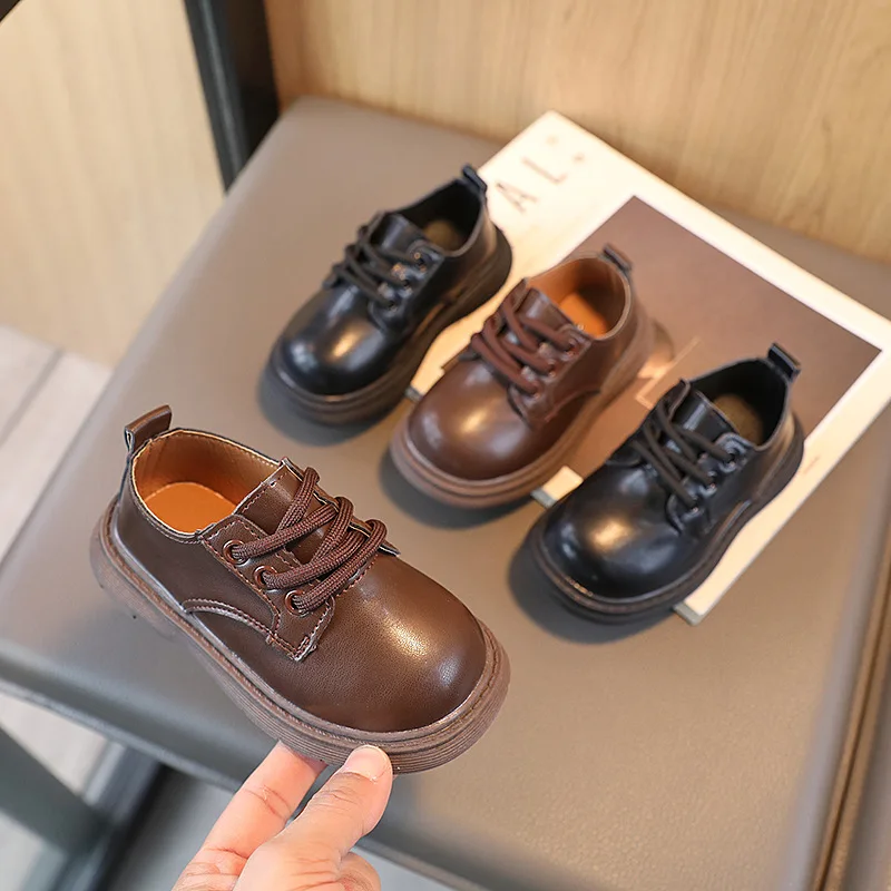 Children's Small Shoes 2024 Spring New Girls Simple British Children's Leather Shoes Lace-up Boys Single Shoes