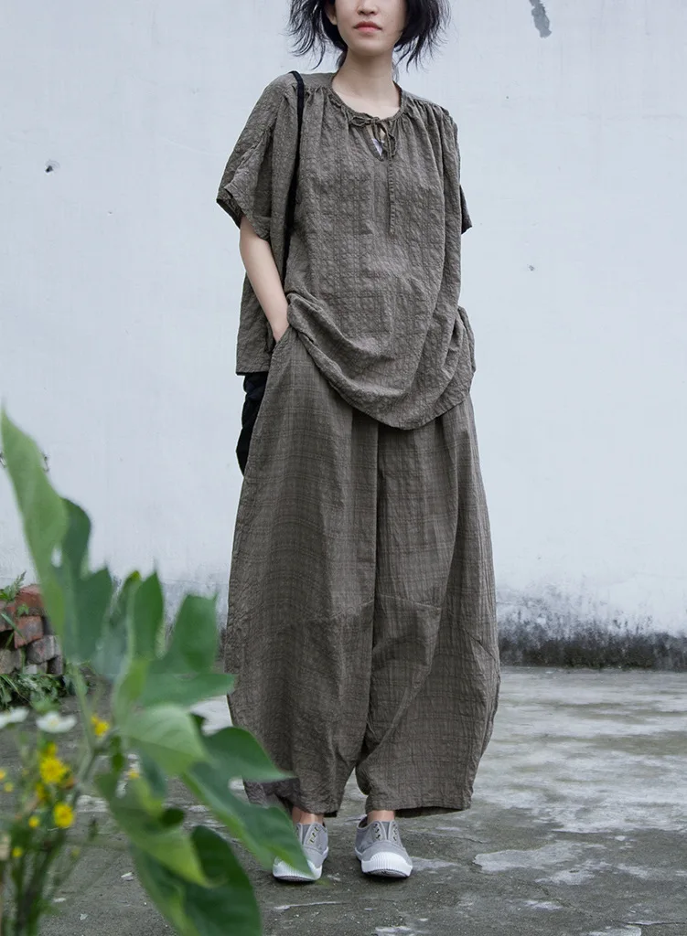 Johnature Casual All-match Full Length Wide Leg Pants 2026 Summer New Cotton Linen Elastic Mid Waist Patchwork Plaid Women Pants