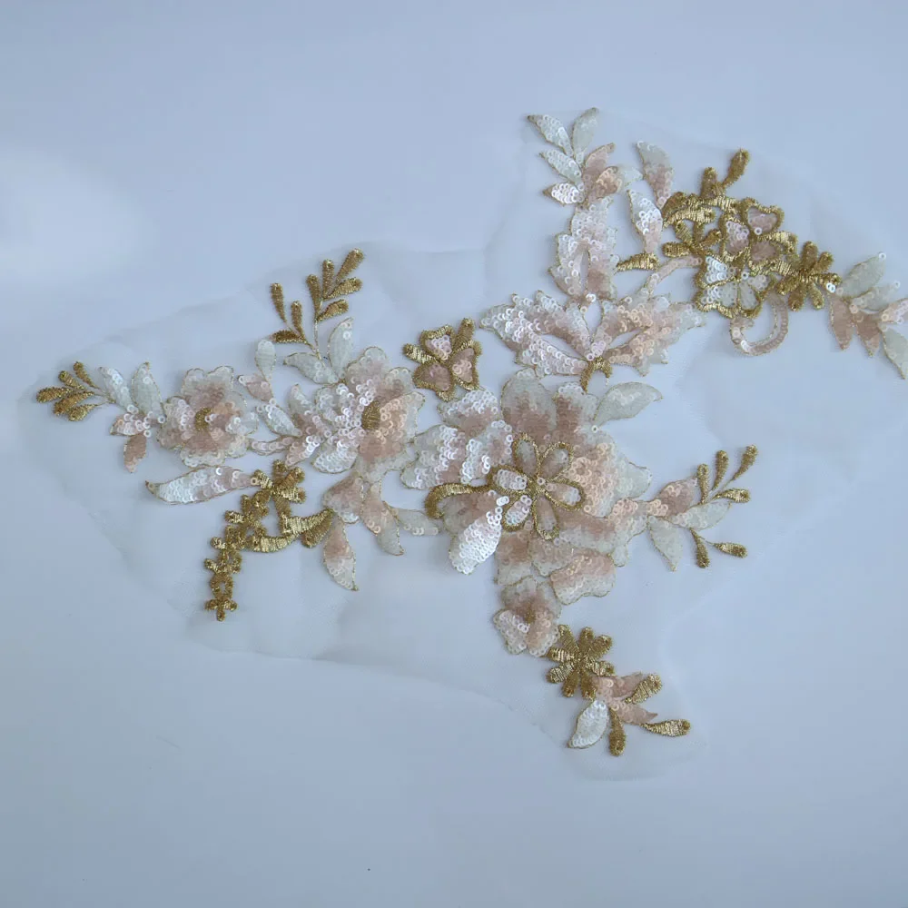 Fashion 37*24cm embroidery beaded applique sewing Sequins lace fabric accessories for wedding dress bridesmaid DIY decorations