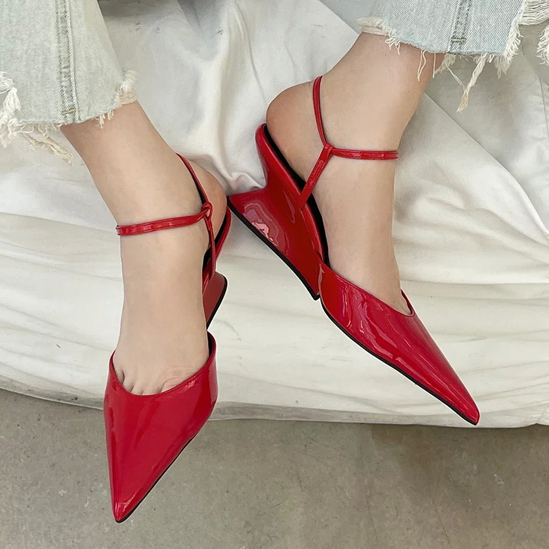 Pumps Designer Shallow Women Wedges Shoes Fashion Ankle Buckle Female Pointed Toe Footwear Ladies Wedges Shoes Heeled Sandals