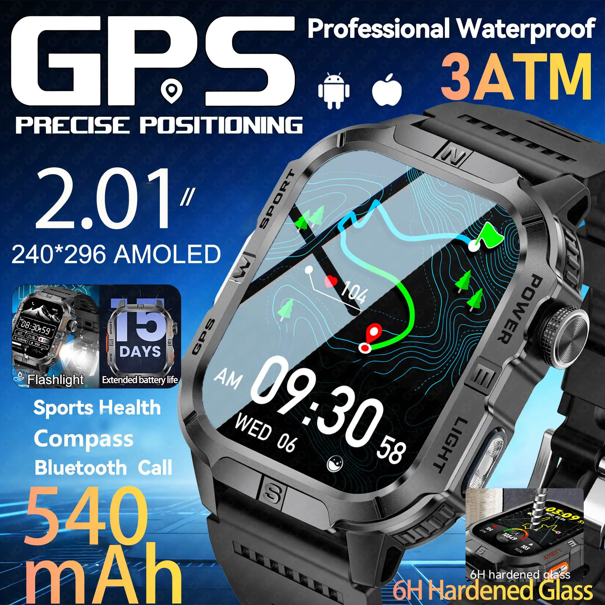 

Новые смарт-часы 2026 года с GPS-трекером, 6-часовым режимом работы, закаленным стеклом 2,01 дюйма AMOLED, аккумулятором 540 мАч, водонепроницаемостью 3ATM, компасом, фонариком и функцией беспроводных звонков
