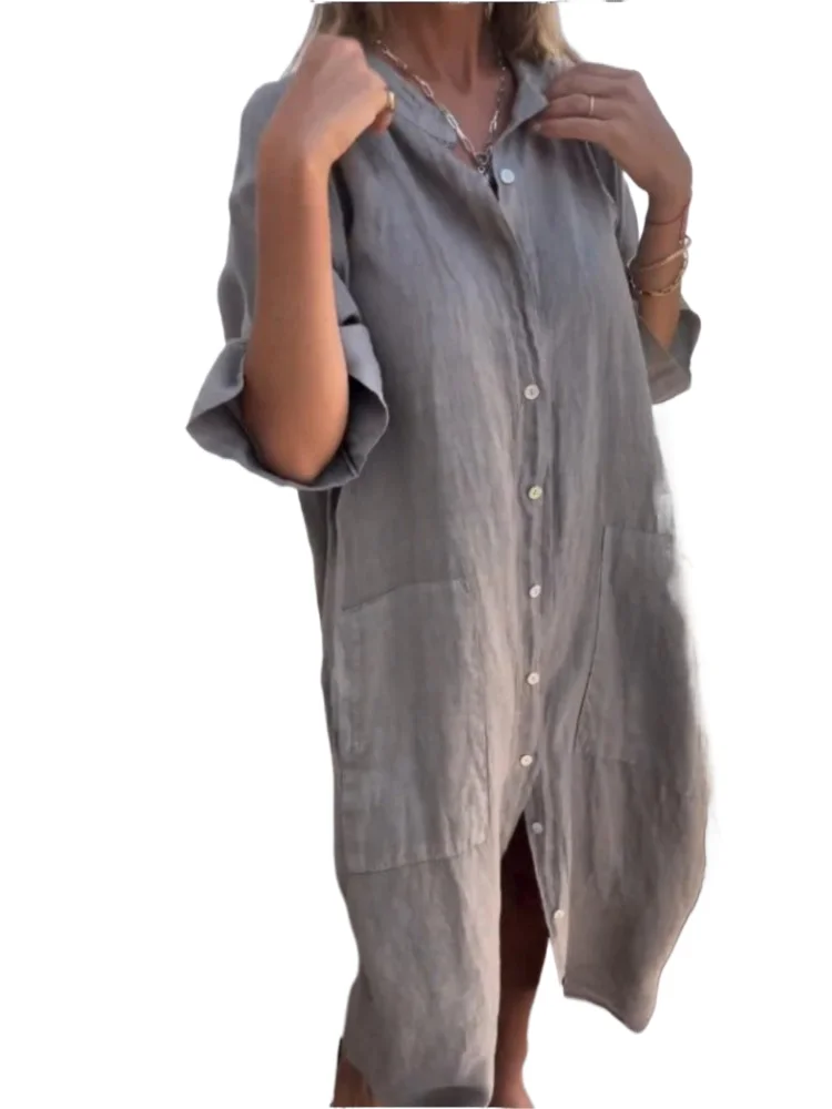 

Women Casual Shirt Dress Short Sleeve Button Loose Dresses For Female Fashion Office Elegant Dresses Robe Femme Summer New 2025