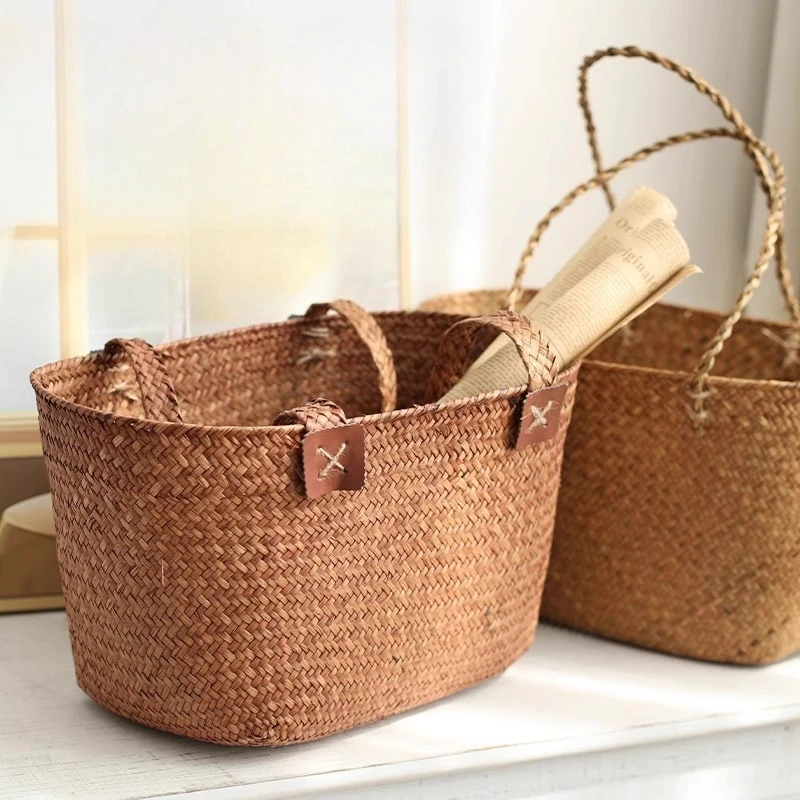 大きな天然草の手織りトートバッグ、クリエイティブな家庭用食料品バスケット、カントリーピクニックペットキャリアバスケット、手作り