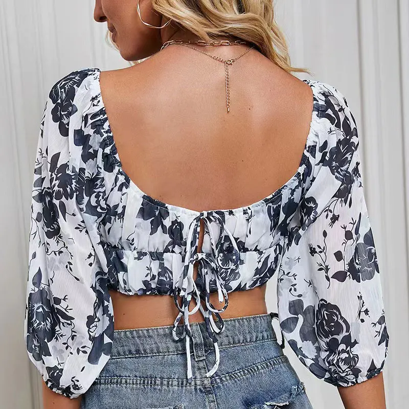 2023 Women Summer Vocation Chiffon Shirts Fashion Floral Printing Midriff-baring Tops Hot Sweet Girls Spring Casual Shirts