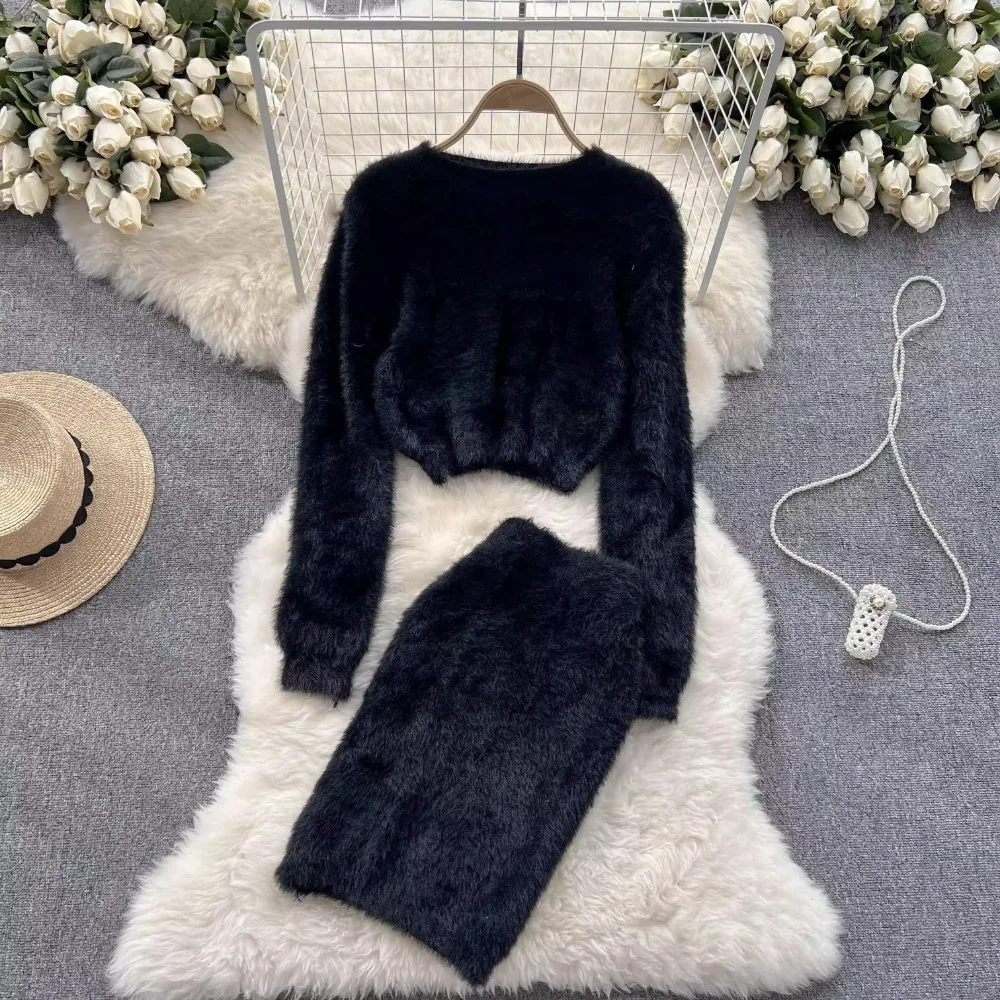 Chic Plush Women Two-Piece Sets Vintage O-neck Knitted Sweater Top High Waist Skirt French High Street Autumn Winter Clothing