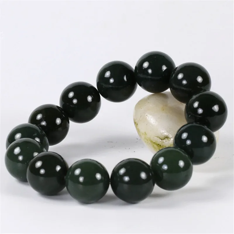 Mei Yuyuan Jade Wholesale Mine Timber Hetian Gray Jade round Beads Bracelet Men and Women Couple Hetian Jade Green Dark Jade Bra