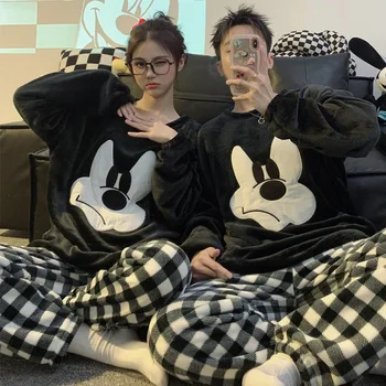 Disney Mickey inverno nuova coppia pigiama addensato e velluto caldo flanella cartone animato carino semplice loungewear