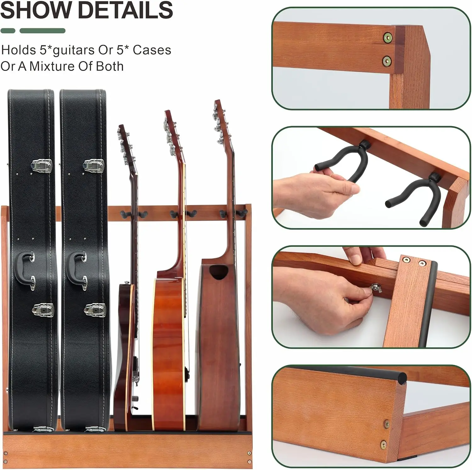 5 Holder Wooden Multiple Guitar Stand Floor Storage Rack For Acoustic Electric Bass Guitars Cello And Cases Natural German Ash Wood Display Organizer Brown 1 Pack view 2
