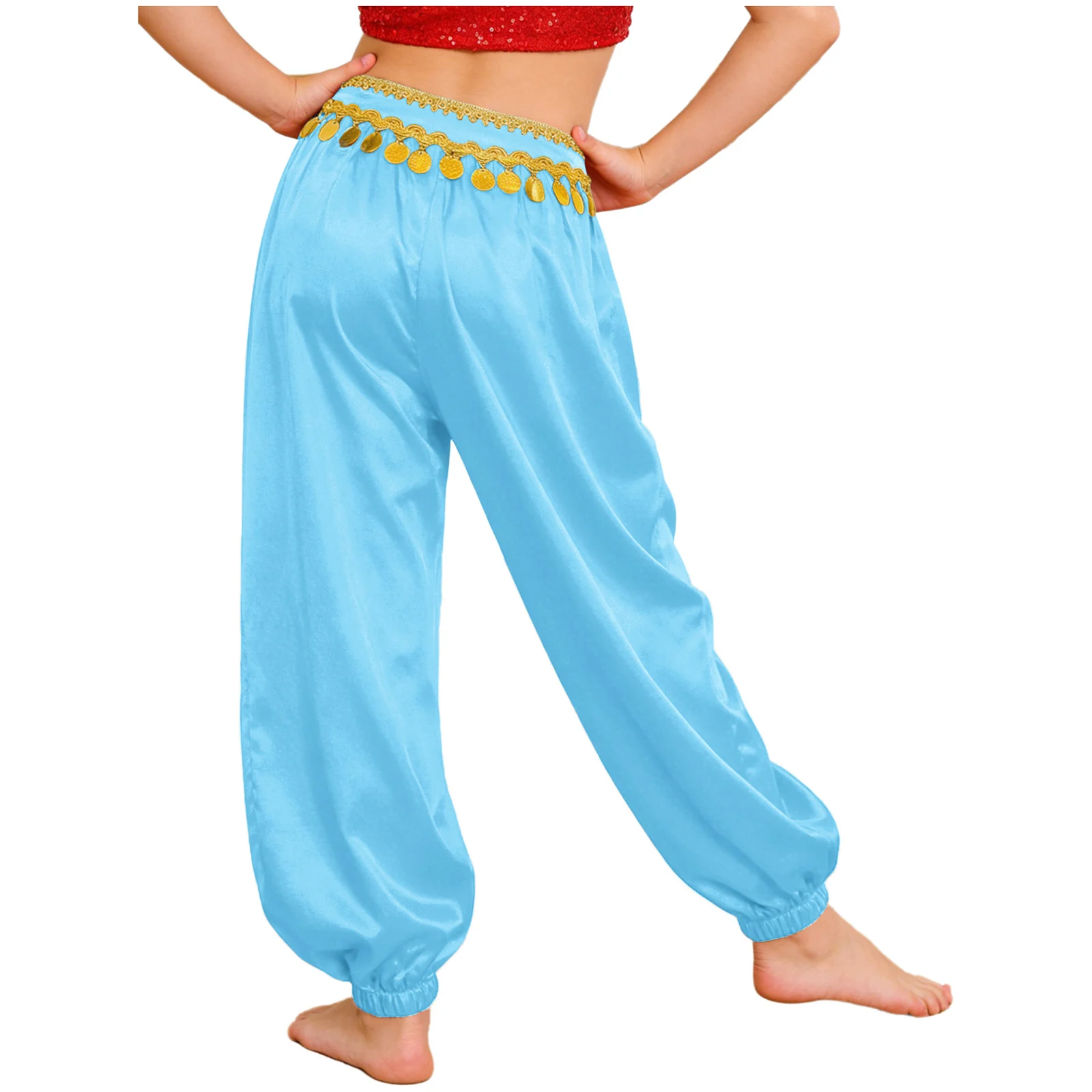 Kids Girls Oriental Belly Dance Harem Pants Braid Trim Sequin Tassels Loose Bloomers Trousers Halloween Arabian Princess Costume