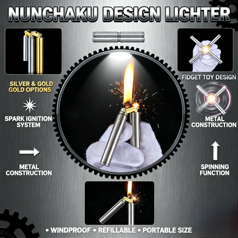 

2026 New Brass Nunchaku Lighter - Mini Retro Grinding Wheel, Windproof Flint Fireless Lamp Oil, Fun Smoking Toy Gift for Men