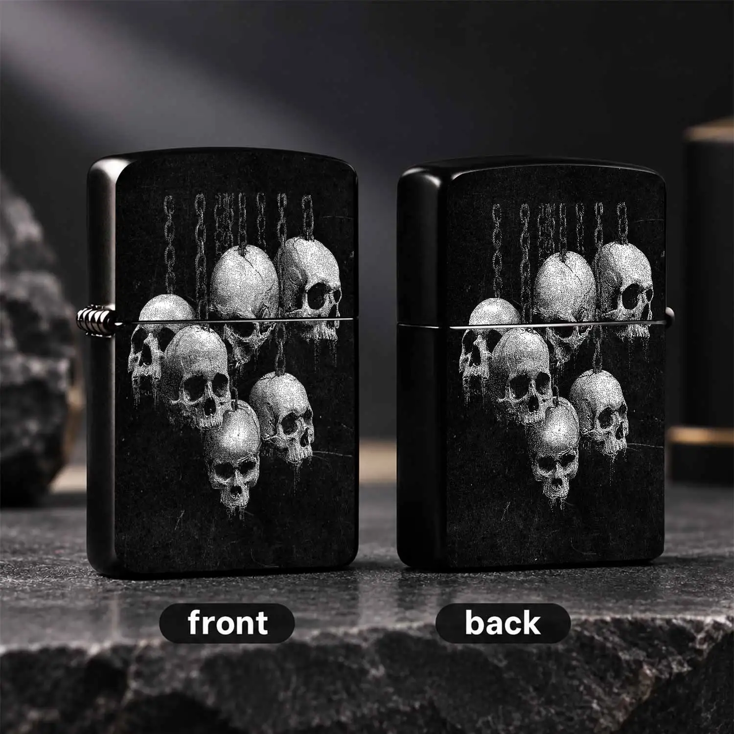 Vintage Stippling Art Skull Hanging Chain Themed Lighter, Dark Aesthetic Portable Ignition Accessory, Stylish Practical Daily Carry Item, Perfect For Outdoor Camping, Home Use, Gifting To Friends, Unique Decorative Functional Tool For All S