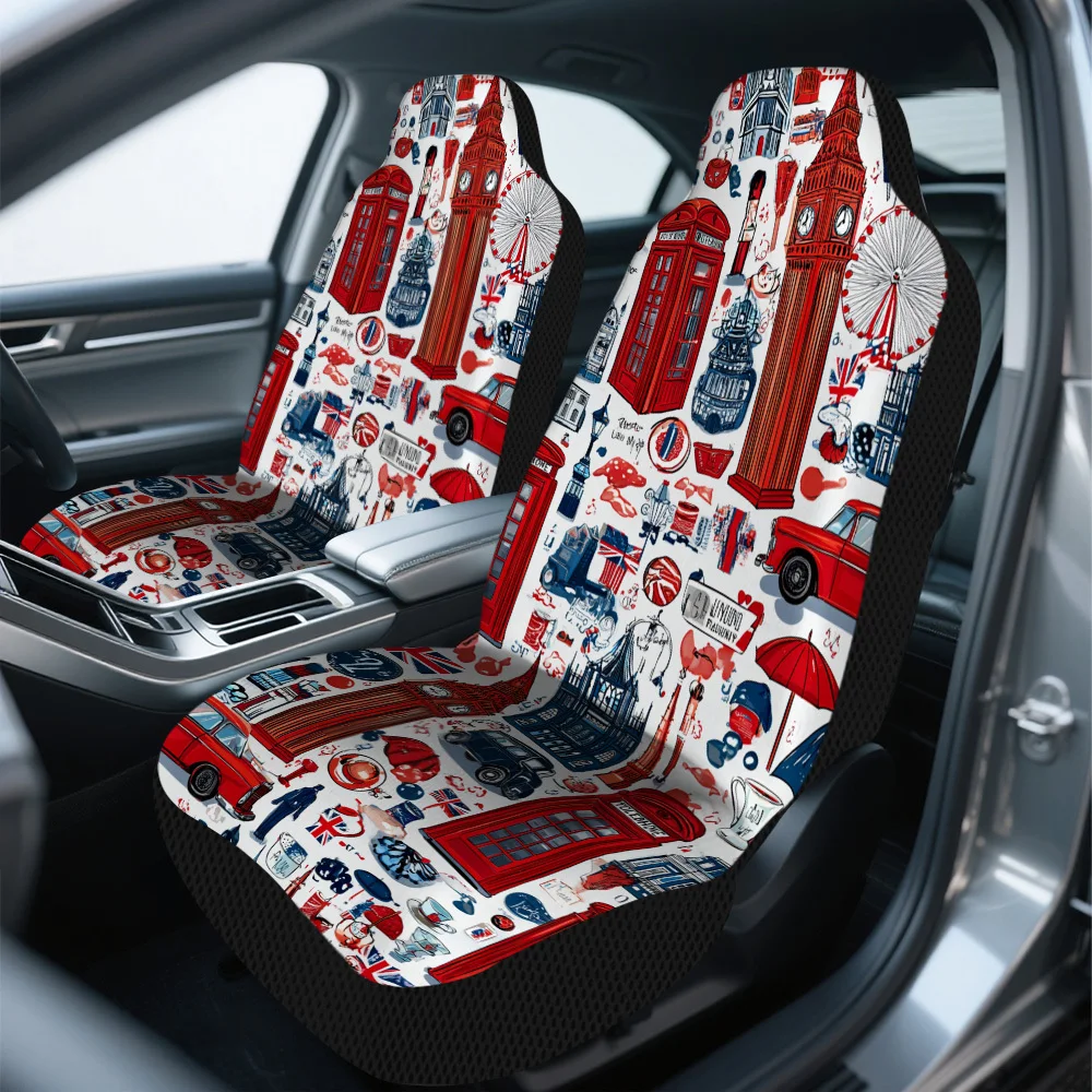 2pcs, London Icon Collage Pattern Car Seat Covers, Washable And Easy To Install, Compatible With Sedan And SUV Front Seats, Perf