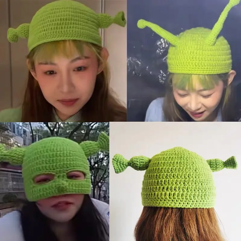 Unisex Sturmhaube Monster Shrek Mütze Wolle Winter Warme Strickmützen Grün Lustige Beanie Skullies Mütze für Damen Herren Rein handgefertigt – Detail 2