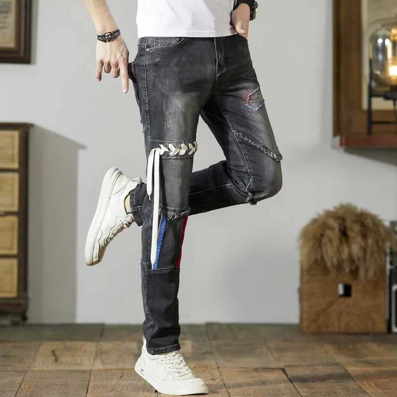 Men's Stitching Jeans Trendy Retro Washed Black Personalized Handsome Slim-Fitting Stretch Pencil Pants Motorcycle Long Pants