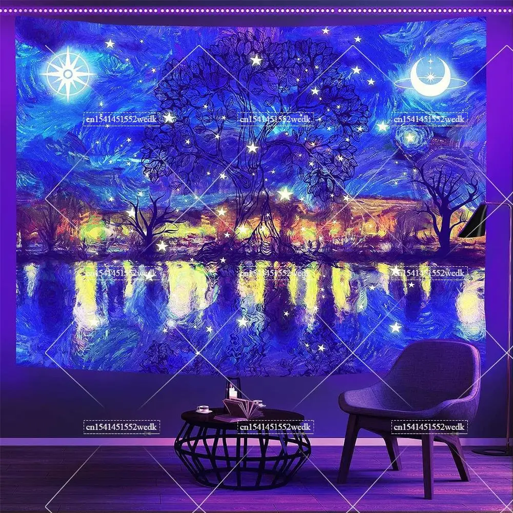 Blacklight Tapestry Starry Night Van Gogh Wall Art Decor Glow In The Dark Oil Painting Fluorescent Tapestry Uv Reactive Poster