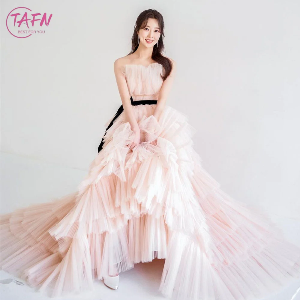 TAJoyGorgeous-Robes de mariée roses A-ligne, tulle à plusieurs niveaux, plissé, sans bretelles, Corée, séance photo, robe de patients, robes de soirée sur mesure