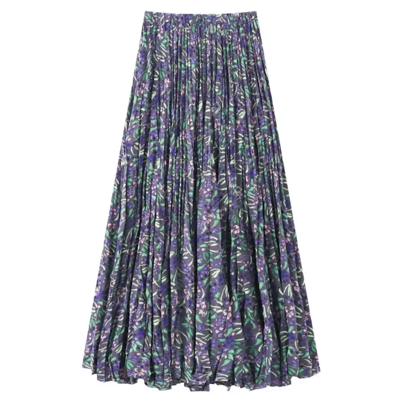 Femmes jupe violet en mousseline de soie florale jupes mi-longues 2025 été nouveau tempérament rétro maigre plissé mode coréenne vêtements