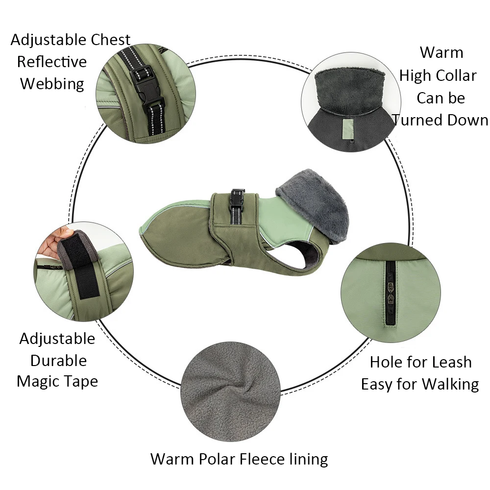 Winter Dog Jacket with Harness Hole Warm Thicken Windproof High Fur Collar Dog Coat for Small Dogs Reflective Pet Snow Outfit