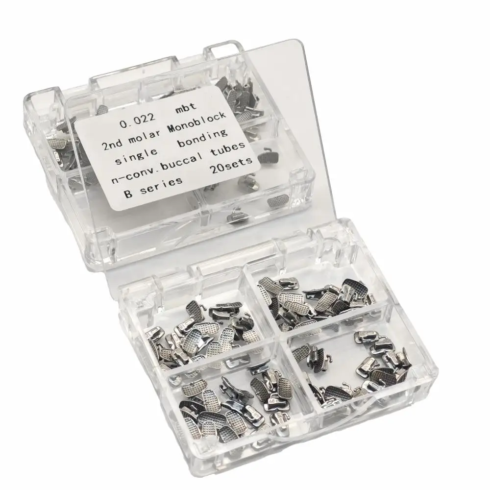 

20 наборов (80 шт.) ортодонтических моноблочных букальных трубок MBT 0.022, неконвертируемые, для одностороннего приклеивания, для 1-го/2-го моляра, для стоматологов