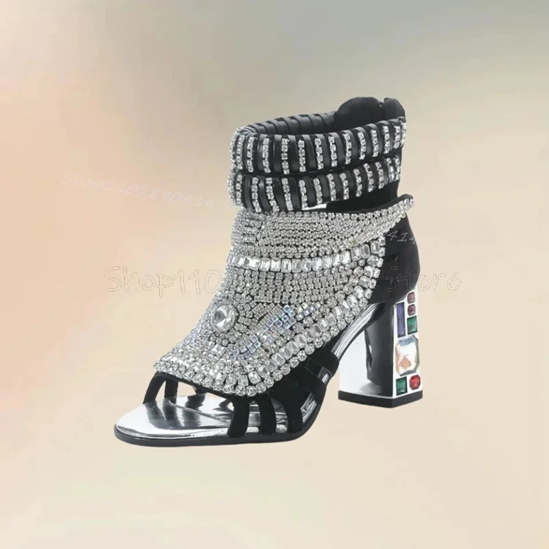 

Colorful Crystal Decor Black Open Toe Sandals Boots Back Zipper Women Shoes Chunky High Heels Fashion 2025 Zapatos Para Mujere