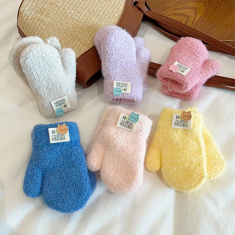 Kinder Winterhandschuhe Einfarbig Plüsch Warme Baby Fäustlinge Winddicht Kältebeständig Jungen Mädchen Vollfingerhandschuhe mit Seilen