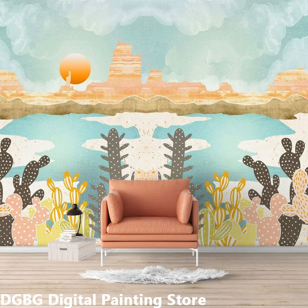 

Custom Murals Kids Wallpaper Canvas Painting Picture Wall Art Decoration Self Adhesive Desert Mountain Sun Illustrations Murales