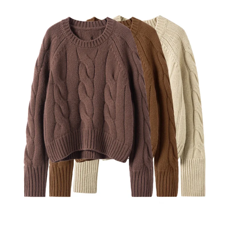 

% Cotton Sweater Women, Spring Fashion, Stylish Heavyweight Thickened Lazy Knitted Pullover Round Neck Top