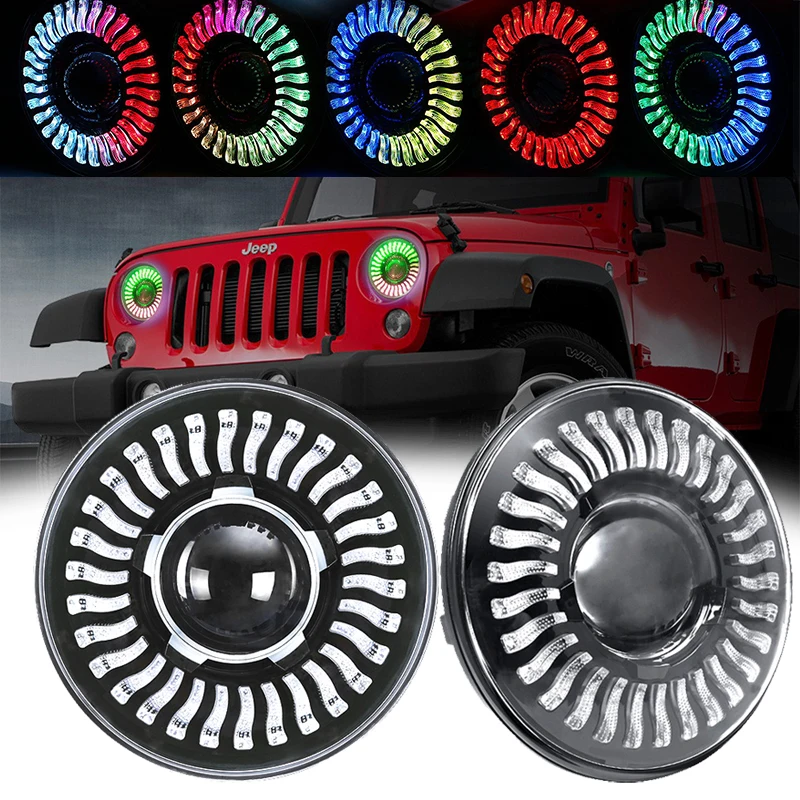 

Jeep Wrangler JK 7inch RGB LED Headlights Bluetooth control Lights Controlled Halo Ring Multi-Color