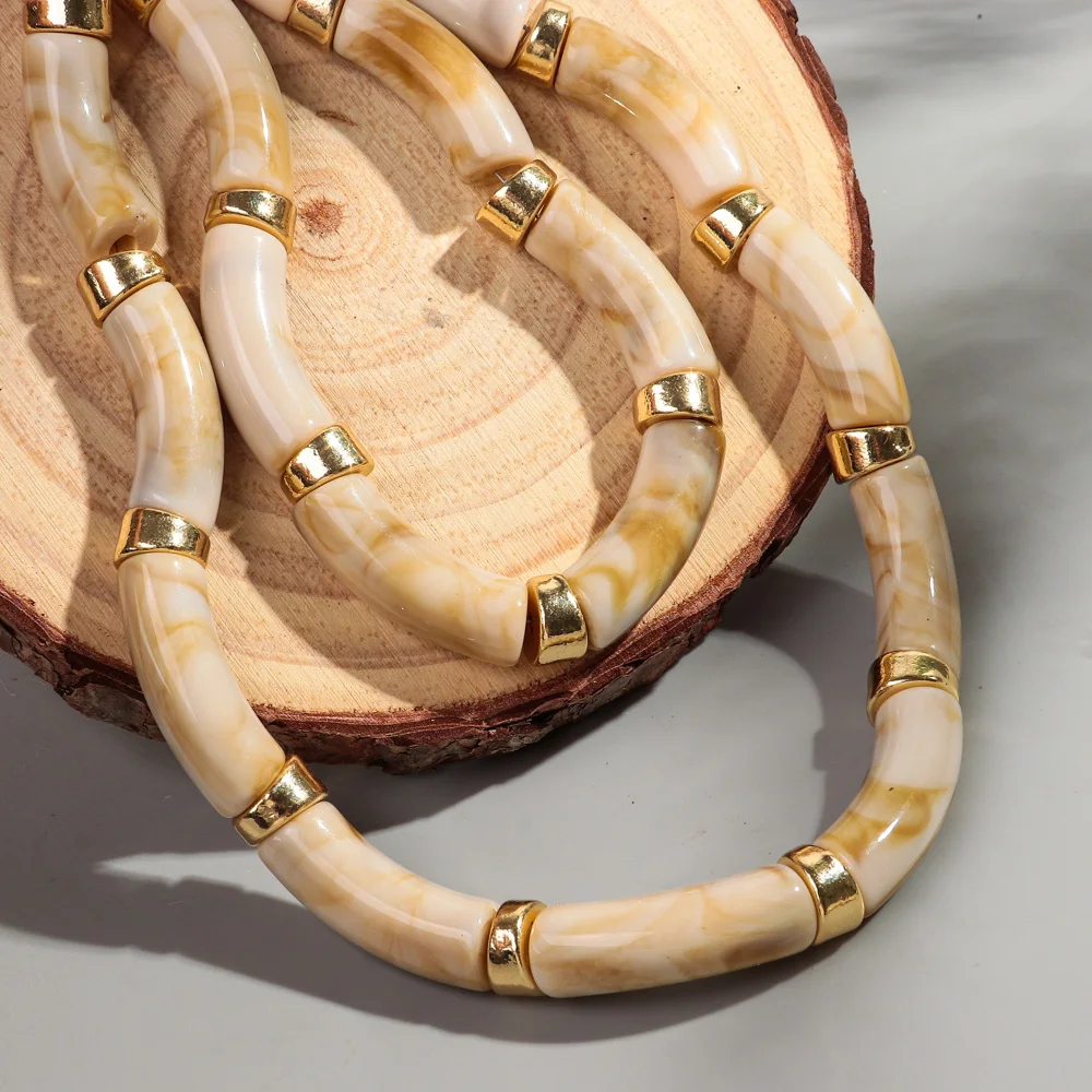 Neue Acryl-Doppelschicht-Bambus-Perlenkette für Damen, Statement-Halskette mit gebogenem Rohr, Stapel-Choker, Armband, Retro-Schmuck, Collier, Geschenk – Detail 4