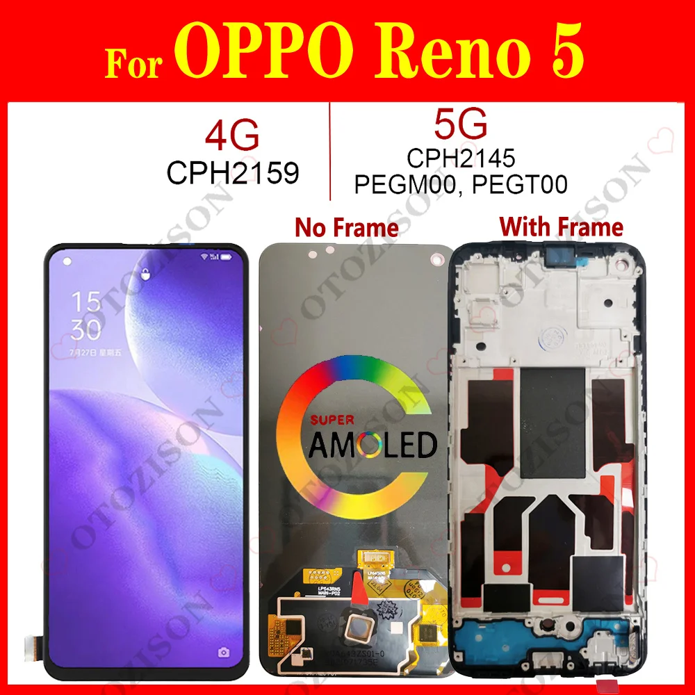 Pantalla LCD con marco para móvil, montaje de digitalizador táctil para OPPO Reno5, 5G, CPH2145, 4G, CPH2159, Reno 5, PEGM00, PEGT00, repuesto