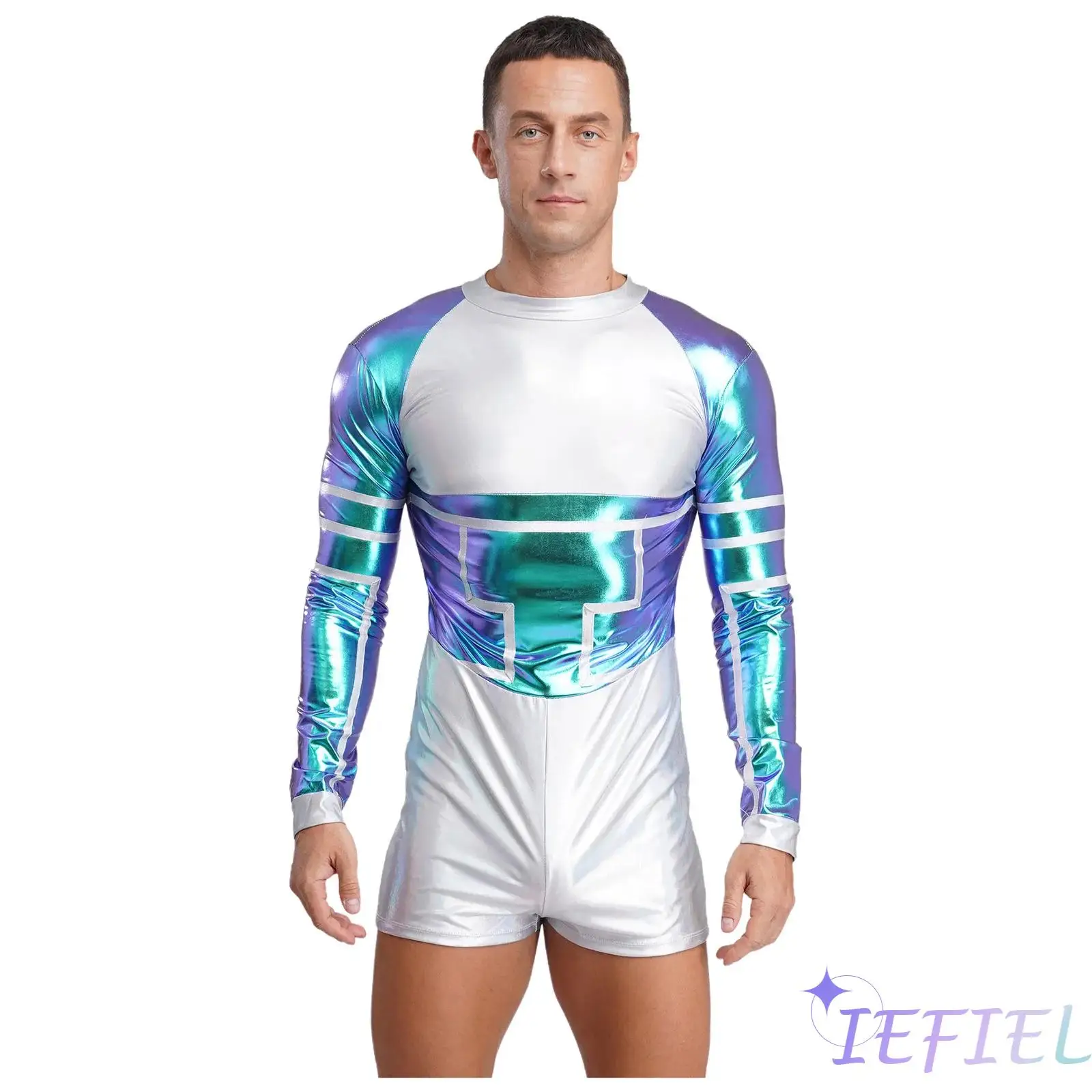 Mens Halloween Carnival Alien Astronaut Cosplay Costume Contrast Color Metallic Shiny Long Sleeve Back Zip Jumpsuit Bodysuit