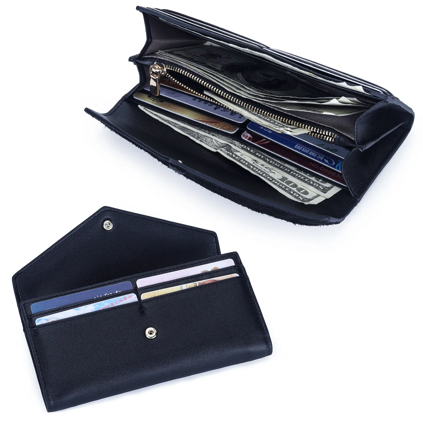 Multi-Function Large Capacity Genuine Leather Trifold Wallet,Ultra-Slim Long Purse with Zipper Coin Pocket for Cash,Cards &Coins
