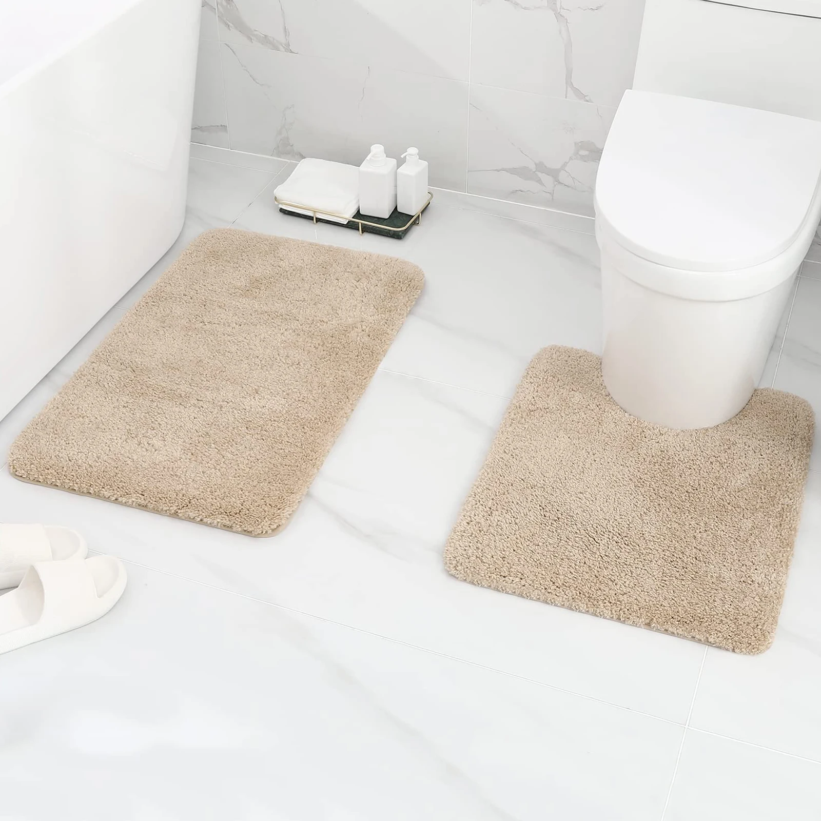 

Olanly 2Pcs Bath Mat Set Soft Fluffy Plush Bathroom Floor Mats Carpet Shaggy Absorbent Shower Rug Non-Slip U-Shaped Toilet Rug