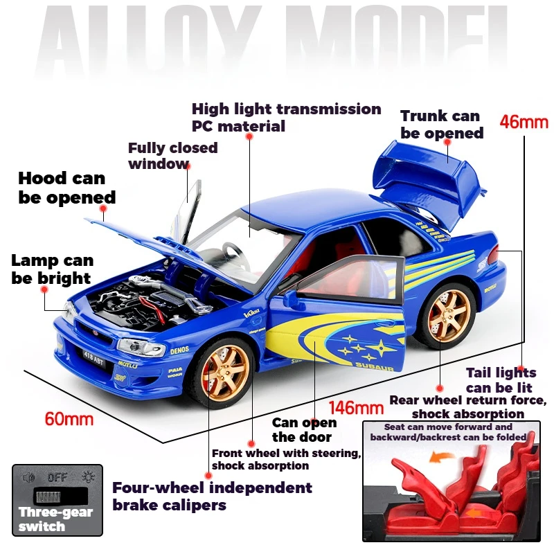 JDM 1/32 سوبارو امبريزا WRX STI Supercar Diecast نموذج سبيكة معدنية سيارة في الهواء الطلق زخرفة الديكور مستقل لتقوم بها بنفسك هدية مع الصبي #3