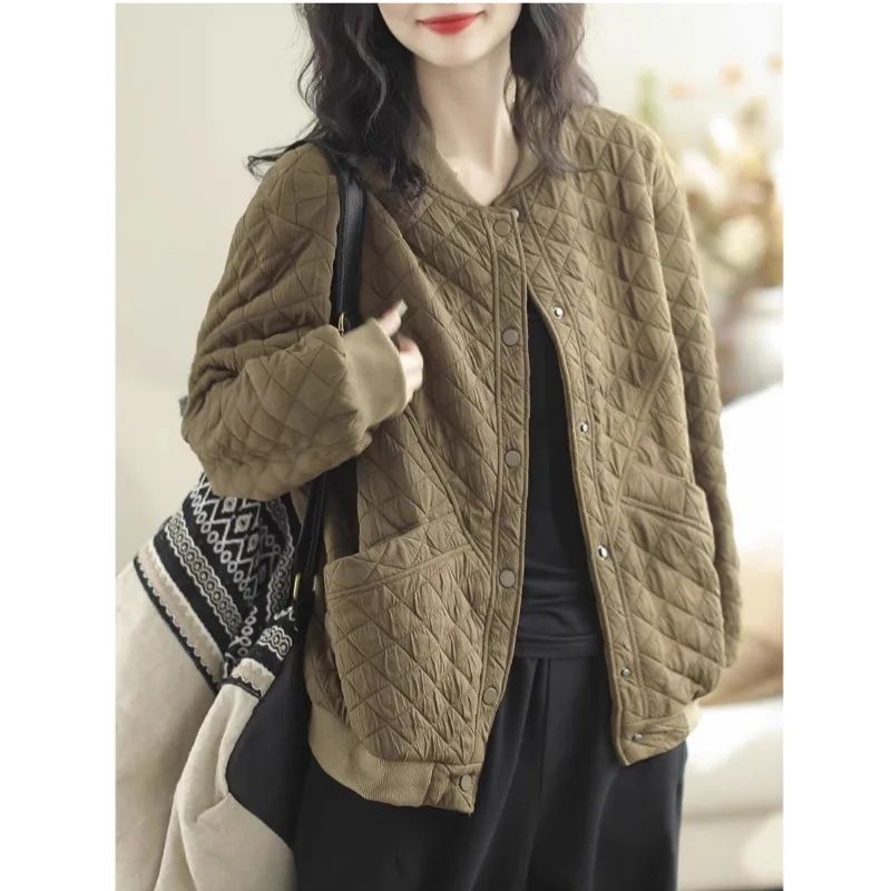 شتاء جديد ريترو مبطن سترة قصيرة المرأة فضفاضة تنوعا الماس البيسبول سترة أعلى #3