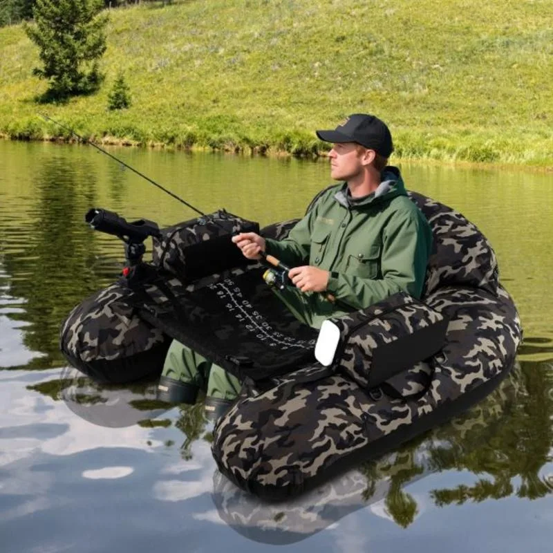 Bote de Pesca Inflable de Poliéster Resistente con Cámara de Aire Independiente, Soporte para Cañas, Bomba Manual Portátil, Diseño para Lago, Río o Estanque
